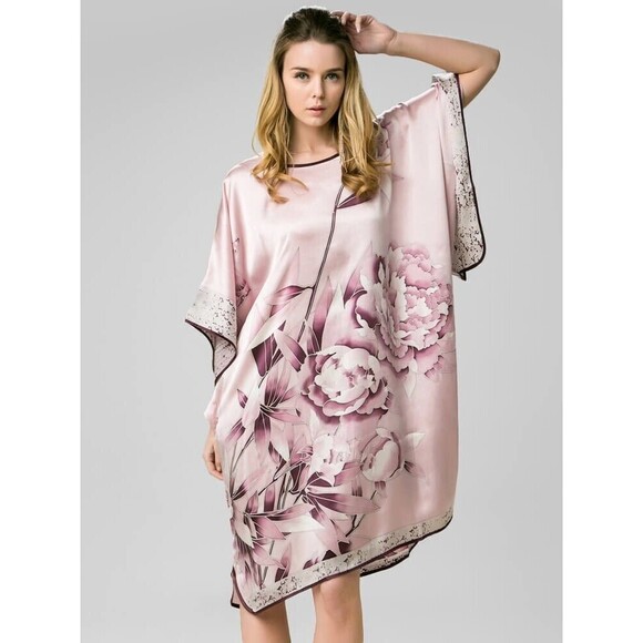 NWT Freedom Silk Peony Printed Rosy Pink Silk Kaftan With Trimming L Boat Neck